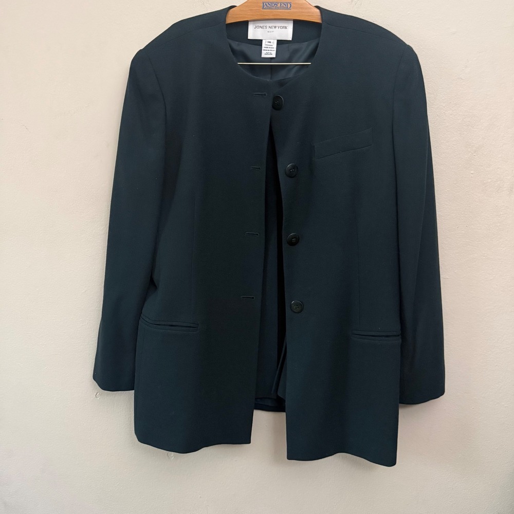 Jones New York Suit Womens 14 Green 100% Worsted Wool Blazer Skirt Set Vintage